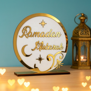 PAFU islamico Eid Ramadan decorazione del tavolo per la casa elegante a <span class=keywords><strong>mezzaluna</strong></span> e stelle Ramadan decorazione del tavolo oro e bianco Ramadan Mubarak - Product Image 1