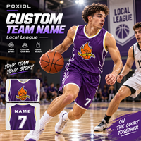 Maillot de basketball personnalisé violet à col en V avec motif flamme, entièrement sublimé, équipement sportif personnalisé pour ligue locale USA