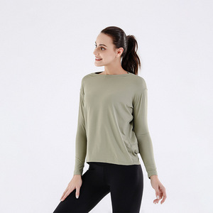 Top de Yoga para Mujer, Manga Larga, Cintura Alta, Transpirable, Color Sólido, con Logotipo Frontal, para Correr, 100% Poliéster, Secado Rápido - Product Image 1