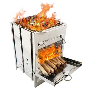Multi-function 2 in 1 Camping Wood Burning Folding Stainless Steel BBQ Grills For Cooking