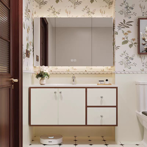 Set di Mobili da Bagno Stile Hotel con Lavabo in Marmo Ceramico, Armadietto <span class=keywords><strong>a</strong></span> <span class=keywords><strong>Specchio</strong></span> Intelligente da Parete, Personalizzabile di Alta Gamma con Funzionalità Smart - Product Image 1