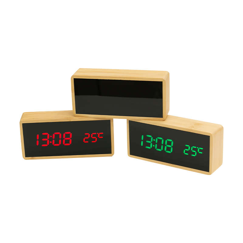 Led Desk Clock Triple Alarms Adjustable Brightness Calendar Temperature Display Voice Control Bamboo Mirror Clock For Home Decor