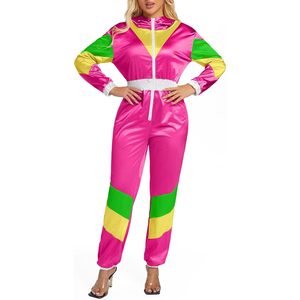 Mono retro de una pieza con bloques de color para mujer, de cintura alta, de satén, con cremallera, estilo años 80, para fiesta - Product Image 3