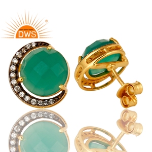 CZ Green <b>Onyx</b> Gemstone <b>Earrings</b> 18k Gold Plated 925 Silver Half Moon Designer Stud <b>Earrings</b> Jewelry Supplier - Product Image 2