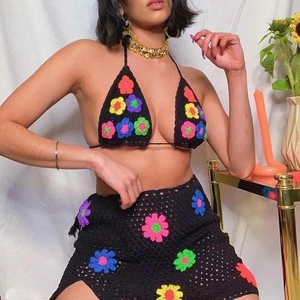 Çiçek tığ mahsul <span class=keywords><strong>Cami</strong></span> üst ve yüksek bel bölünmüş etek yaz örme plaj tatil iki parçalı Set kadın kıyafetleri - Product Image 5