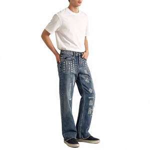 Pantalones Vaqueros de Mezclilla para Hombre con Logotipo Personalizado al por Mayor, Estilo Vintage, Lavado a la Piedra, con Ojales Metálicos, de Algodón, Ropa Urbana - Product Image 3