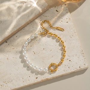 New French Style Non Tarnish 18k Gold Plated Stainless Steel Chain Simple Oval <b>Pearl</b> <b>Bracelet</b> for Women Jewelry - Product Image 1