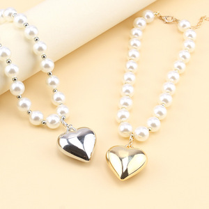 Collar con cuentas de perlas de imitación, colgante de corazón, diseño geométrico, joyería para fiesta, accesorio de moda para mujer - Product Image 4