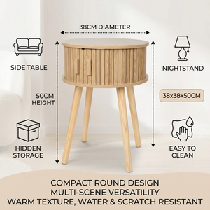 Comodino rotondo naturale Home Source Coalville con anta scorrevole, mobile in MDF e gambe in pino, tavolino moderno per camera da letto - Product Image 5