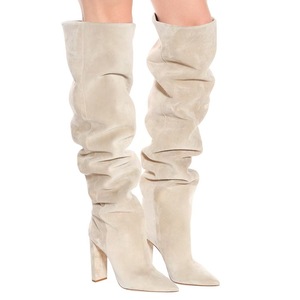 Bottes hautes en <span class=keywords><strong>daim</strong></span> <span class=keywords><strong>beige</strong></span> pour femme, à bout pointu, talon bloc épais, à enfiler, pour l'hiver, mode féminine, bottes de soirée élégantes - Product Image 4