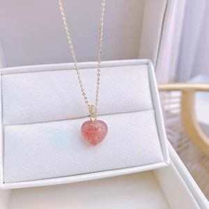 Strawberry Quartz Heart Necklace Pink Crystal Pendant Bezel Setting Everyday Wear 10cm Extended Chain - Product Image 3
