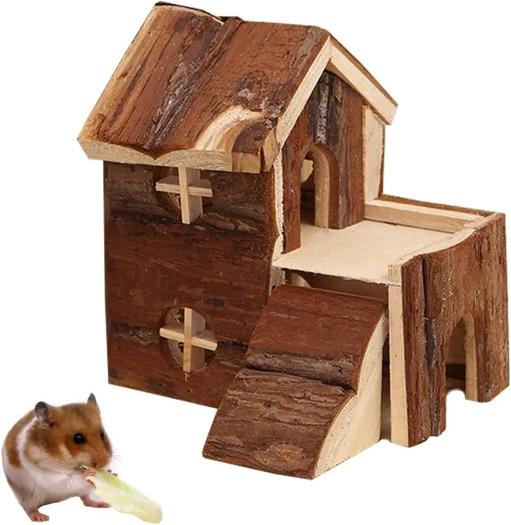 Hamster Wooden House Double Layers Hideout Hut for Dwarf Hamster Mouse Rat Gerbil