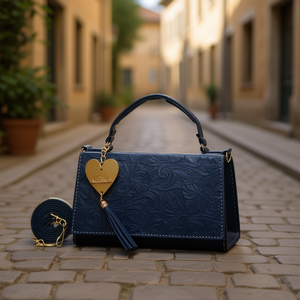 Sac messager mini Fana Oriana bleu marine avec motif floral en relief et étiquette cœur dorée pour femme, usage quotidien - Product Image 2