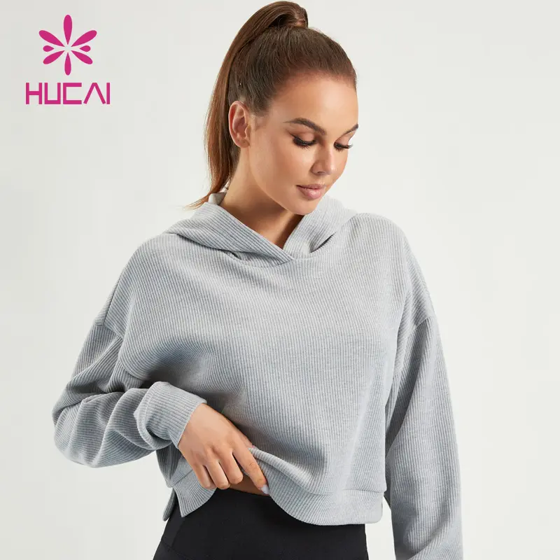 HUCAI özel Logo bayan hafif bölünmüş hem egzersiz spor salonu boy damla omuz nervürlü kazak kırpılmış hoodie
