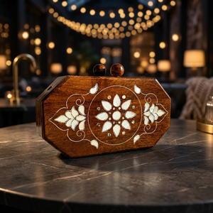 Caja Decorativa Tradicional de Madera con Diseño Floral Incrustado, Artesanía Hecha a Mano, Forma Irregular, Decoración para Mesa del Hogar - Product Image 1