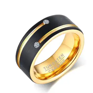 Fashion Line Crystal stainless steel Ring 8mm Width Black Gold Plated Brushed Effect Tungsten Ring for Men Gifts