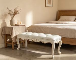 Luxury White Tufted Wood <b>Bed</b> Bench French Rococo Carved <b>End</b> of <b>Bed</b> Bench with Gold Trim Multi-Purpose Bedroom Furniture - Product Image 3