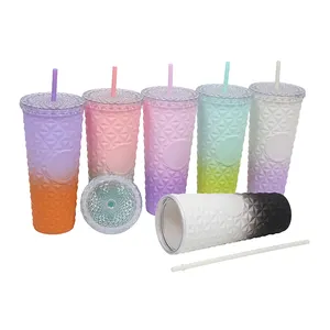 Portable Customized Logo Gradient Color Plastic Tumbler Cups 24oz 710ml Double Wall Tumbler With Lid And Straw