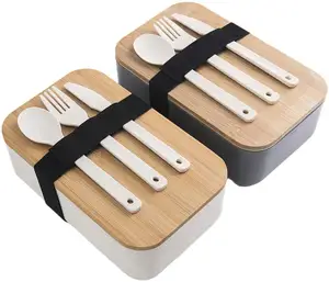 Scatola da pranzo in legno giapponese Bento Box in bambù per microonde senza BPA per Set di stoviglie per bambini in età scolare con coltello forchetta cucchiaio