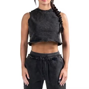 Custom Logo Short <b>Sets</b> Women Wholesale Sleeveless Crop Top <b>Sets</b> Women Elastic Waist Short Cotton Acid Washed Faded Short <b>Sets</b> - Product Image 4