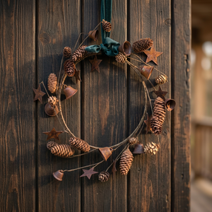 Corona rústica hecha a mano con conos de pino, estrellas y campanas para decoración navideña de puertas - Product Image 5