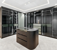 Dressing moderne sur mesure avec portes vitrées en bois foncé, éclairage LED et îlot central de rangement pour villa