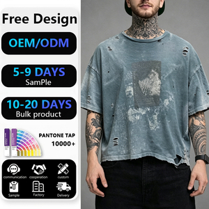 T-shirts pour hommes en coton 100% avec impression graphique, coupe ample et carrée, effet délavé vintage et déchiré, personnalisés par le fabricant - Product Image 1