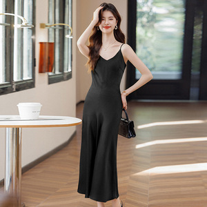 Black <b>Spaghetti</b> <b>Strap</b> Dress Solid Color Natural Waist Mid Length Daily Wear Casual Dress Polyester Fabric - Product Image 1