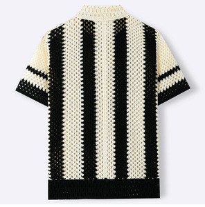 <span class=keywords><strong>Cardigan</strong></span> Estivo da Uomo in Maglia Traforata, Maglietta <span class=keywords><strong>Polo</strong></span> a Righe Bianche e Nere con Fiori Traforati Solubili in Acqua, Camicie da Uomo per Club e Feste - Product Image 3