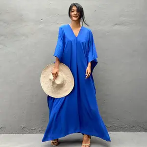 New cotton solid color blouse seaside holiday long dresses loose smock robe outer wear women's dress