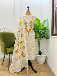 Ensemble de Kurti en coton Banarasi et soie Chanderi non cousu pour femmes, vêtements ethniques indiens, design élégant pour les fêtes, tissu confortable - Product Image 3