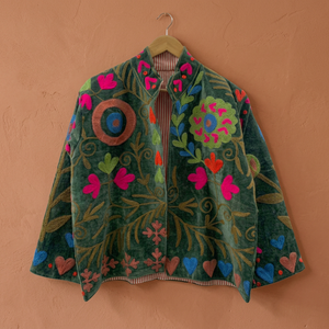 Chaqueta Bomber Étnica de Terciopelo Verde Oscuro para Mujer, Hecha a Mano, con Flores, Transpirable, de Algodón, Mangas Largas, para Otoño/Invierno - Product Image 4