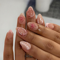 Kuku Palsu Pendek Almond Pink, Tip Kuku Manikur Prancis, Kuku Palsu 3D Bunga, Kuku Palsu Impor, Tip Kuku
