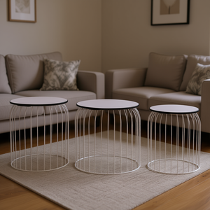 White 3-Piece Coffee <b>Table</b> Set Modern Metal Frame Tempered Glass Top <b>Nesting</b> Living Room Furniture - Product Image 2