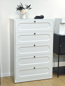 Commode à tiroirs ronde à double couche avec design en relief, en acier laminé à froid, personnalisable pour la salle familiale - Product Image 2