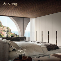 Lit double moderne avec tête de lit en tissu plissé horizontal délicat avec veilleuse LED grands lits en lévitation