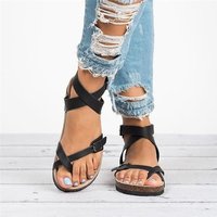 Nouvelles Sandales Plates à Bride Croisée Noires pour Femmes 2024, Détail, Semelle Intérieure Confortable en Liège, pour Femme