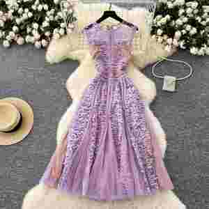 Vestido Midi Casual de Verano para Mujer, Cuello Redondo, Estilo Túnica, Sin Mangas, Corte Imperio, Bordado, Malla, Vestidos - Product Image 3