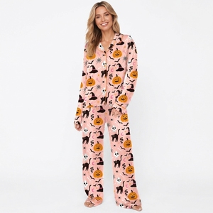 Pigiama Floreale in Raso Personalizzato per <span class=keywords><strong>Donna</strong></span>, in Poliestere e Spandex, Maniche Lunghe con Bottoni, Set da Notte in 2 Pezzi per Halloween - Product Image 1