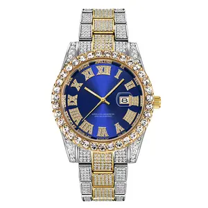 Luxury Gold Silver 12 Designs Iced Out Alloy Watchband Bling Rhinestone Hip Hop Round Men's Quartz Watch