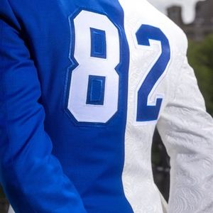 Smoking sur mesure pour hommes, <span class=keywords><strong>blanc</strong></span> <span class=keywords><strong>et</strong></span> <span class=keywords><strong>bleu</strong></span>, haute qualité, coupe ajustée, double boutonnage, <span class=keywords><strong>costume</strong></span> de <span class=keywords><strong>mariage</strong></span> en tissu jacquard, grande taille, respirant - Product Image 3