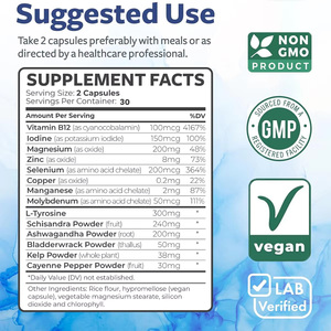 Capsules de soutien de la thyroïde, vitamine B12, magnésium, zinc, complexe de soutien de la thyroïde à base de plantes, iode - Product Image 2