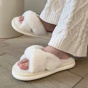 XIXITIAO Fashionable Cross Strap Women Winter Slippers Warm Comfortable Fluffy Fur Home Indoor Slippers Soft Slippers For Women