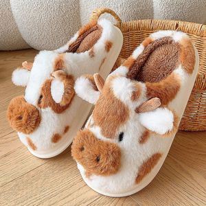 Pantoufles en peluche douillettes en forme de vache pour femmes, cadeaux d'hiver, chaudes, imprimé animal de dessin animé, pantoufles d'intérieur moelleuses et duveteuses, vente en gros - Product Image 6