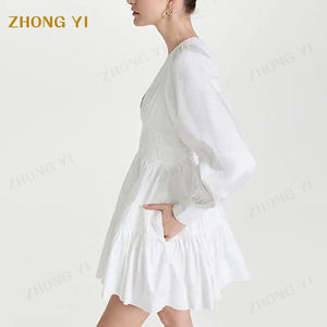 Tissu en coton personnalisé pour femmes, col en V avec poignets boutonnés, jupe en forme de ligne, mini tunique blanche froncée à manches longues, robes courtes décontractées - Product Image 2