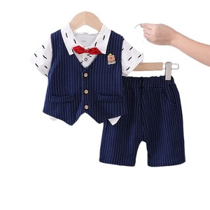Nouvelle tenue d'été décontractée trois pièces pour garçons YouYue 2025, style britannique, en coton/soie peignée, pour 1-5 ans, comprenant gilet, chemise et short - Product Image 5
