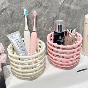 Ceramic Woven <b>Storage</b> <b>Basket</b> Round Bathroom Cosmetic Organizer For Toothbrush Toothpaste Makeup Desktop Living Room <b>Storage</b> - Product Image 2
