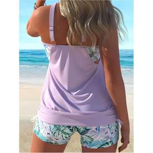 Ensemble de maillot de bain tankini pour femme personnalisé, col en V, imprimé tropical, short taille haute, maillot de bain deux pièces extensible - Product Image 6