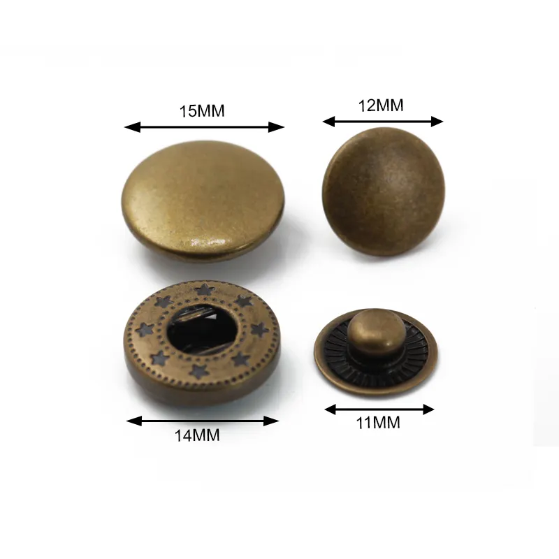 Top Quality 15 Mm Silver Black Gold Brass 4 Parts Metal Button Snaps For Leather