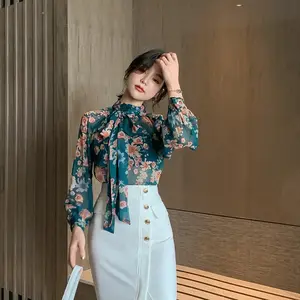 ZYHT 35112 Spring Fall Office Style Women Top Floral Lantern Sleeve Chiffon Shirt Ladies Fashion Printed Ladies Blouse